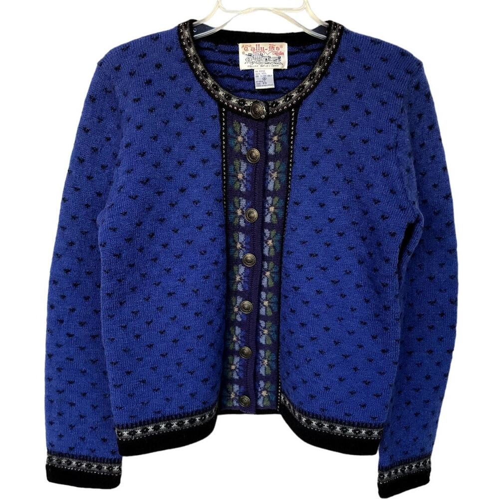 Tally-Ho Vintage Wool Cardigan with Flowers and Contrast Trim size PS